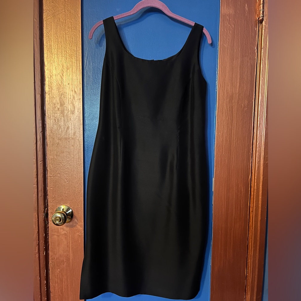 Black silk sheath cocktail dress. Size 10.
